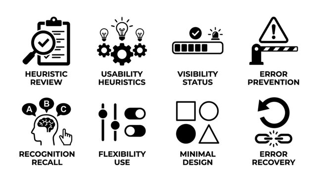 Set of black and white vector icons illustrating UX heuristics error prevention usability principles with heuristic usability visibility prevention recognition flexibility recovery collection