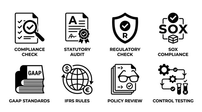 Set of compliance check statutory audit regulatory check sox compliance gaap standards ifrs rules policy review control testing icons with compliance regulatory standards statutory document