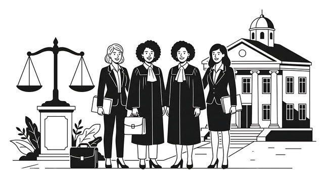 Group of diverse women judges standing outside courthouse in formal robes