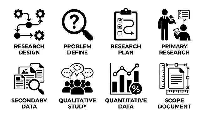 Set of black research design and data collection icons including problem define research plan primary research and quantitative data with research secondary qualitative quantitative document