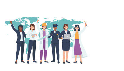 Fototapeta premium Diverse professional women representing different career fields standing together in front of a world map.