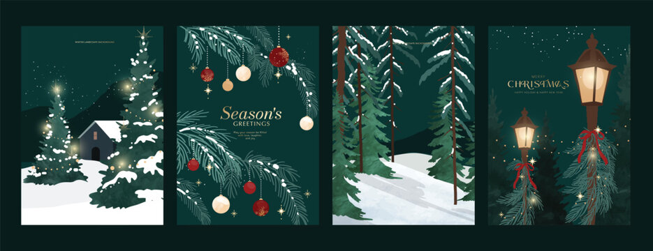Christmas and Happy New Year season with winter house, pine tree and snowfall Card set. Template design for invitation, cards, social post, cover, sale banner, ads.