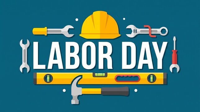 Happy labor day greeting card design with construction hard hat and various metal work tools illustration