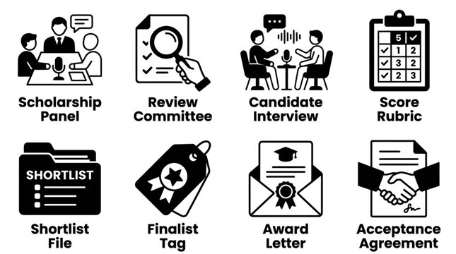 Set of scholarship interview and review committee vector icons in black and white with scholarship interview committee education candidate shortlist finalist acceptance agreement business