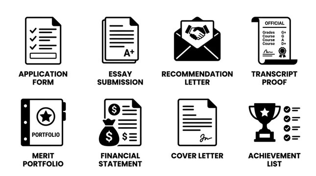 Set of application form and academic transcript vector icons for student admission with application academic transcript education submission recommendation portfolio financial statement