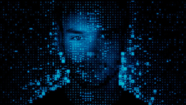 Male Face formed from Machine Code, representing Cyber Security Concept.