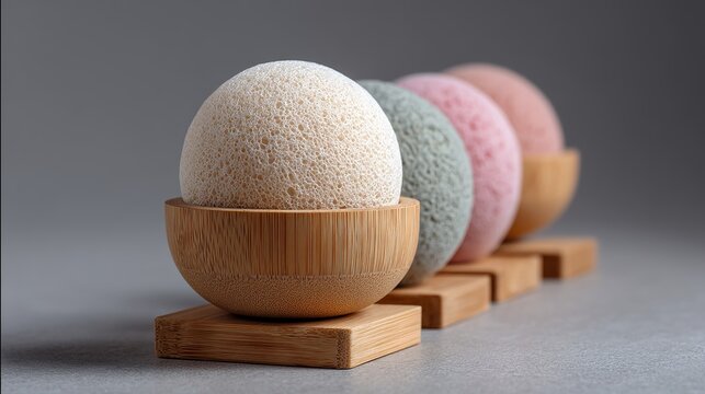 Soft bath bombs present in wooden bowls, showcasing a relaxing wellness concept for spa and aromatherapy use
