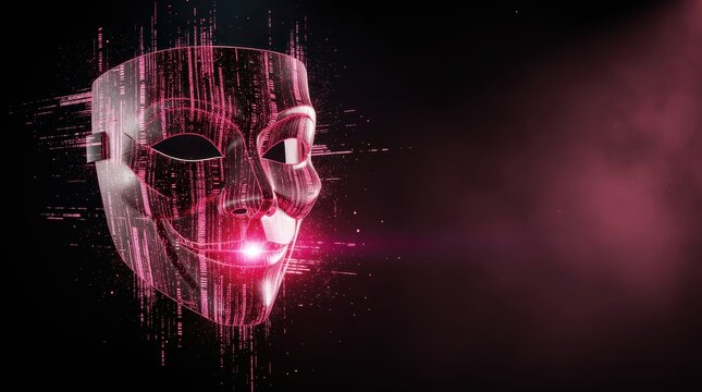 Digital mask rendered in glowing magenta data streams. Anonymous face formed from binary code particles against dark background. Cybersecurity and AI identity concept for tech marketing.
