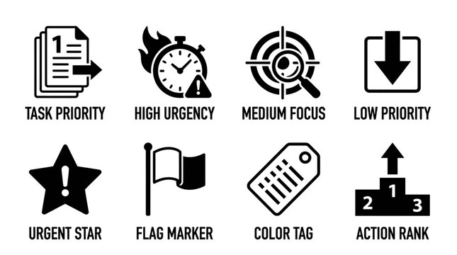 Set of black and white project management icons representing task priority high urgency medium focus low priority urgent star flag marker color tag and action rank with business management priority