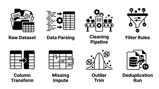 Set of black data engineering and data processing icons featuring raw dataset data parsing cleaning pipeline filter rules column transform missing impute outlier trim and deduplication run