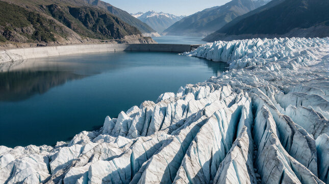 Glacial landscape featuring rapidly melting, deeply crevassed serac fields flowing directly into a massive, heavily engineered concrete suburban water reservoir high in mountains