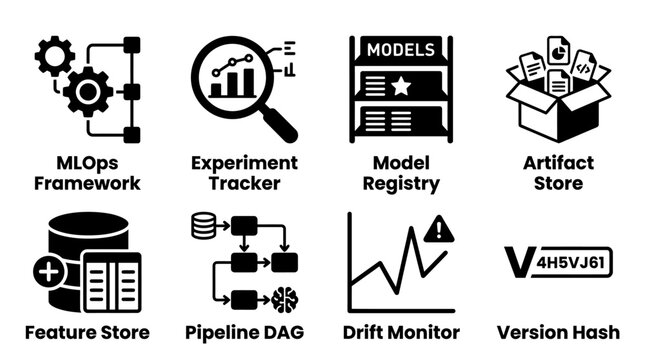 Set of minimalist black icons representing ml ops frameworks experiment tracking model registries version control with framework experiment registry artifact database pipeline magnifier