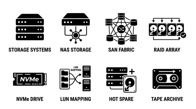 Set of black and white vector icons showing storage solutions including storage systems nas storage san fabric raid array nvme drive lun mapping hot spare and tape archive with hardware