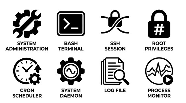 Set of black and white vector icons illustrating administration tasks including system administration bash terminal ssh session root privileges cron scheduler system daemon log file and process