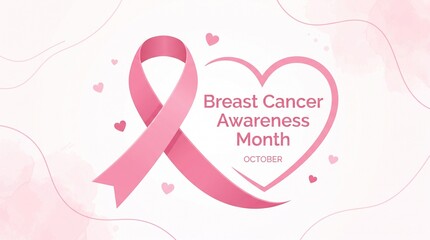 Pink ribbon symbol for breast cancer awareness month with heart shape and small hearts on background