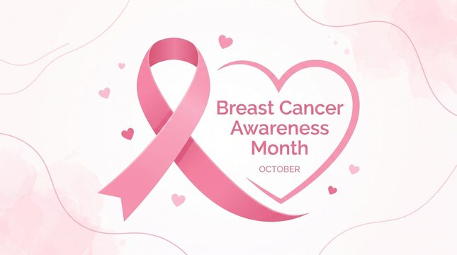 Pink ribbon symbol for breast cancer awareness month with heart shape and small hearts on background