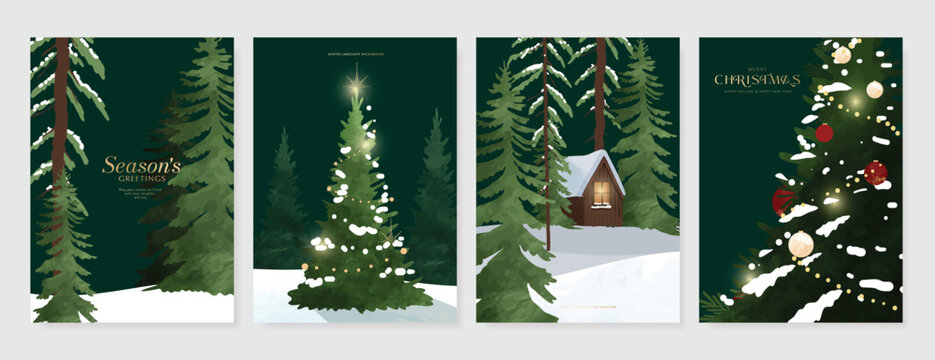 Christmas and Happy New Year season with winter house, pine tree and snowfall Card set. Template design for invitation, cards, social post, cover, sale banner, ads.