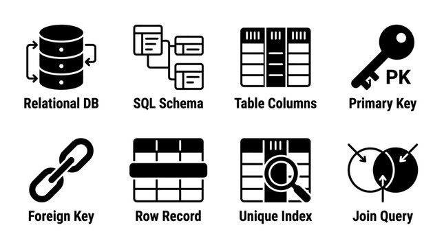 Database management structure and sql schema vector icons set with database relational structure management programming development software connection magnifier collection information