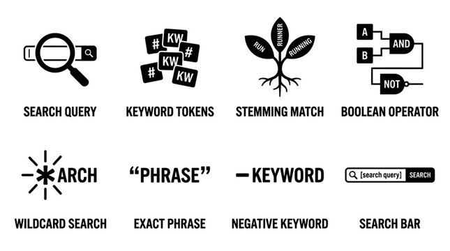 Set of black and white vector icons illustrating search query keyword tokens stemming match boolean operator wildcard search exact phrase negative keyword search bar with stemming wildcard negative
