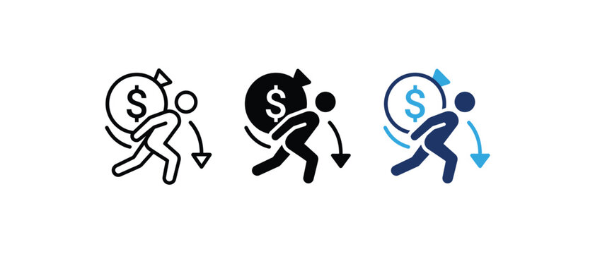 Person carrying money bag debt burden financial crisis tax weight inflation arrow icon set. Vector illustration