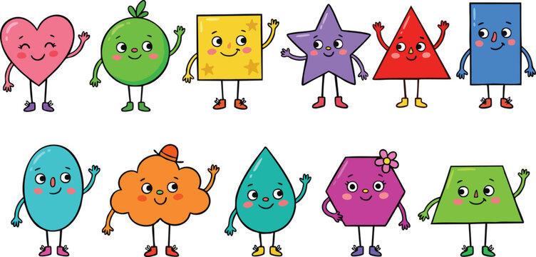 Set of cute  hand drawn colorful cartoon geometric shapes with faces and arms for kids educational learning materials