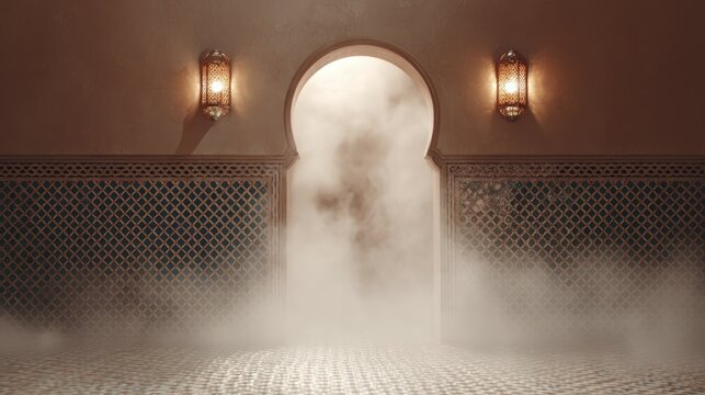 Mysterious misty archway with ornate lanterns and decorative wall accents at dusk