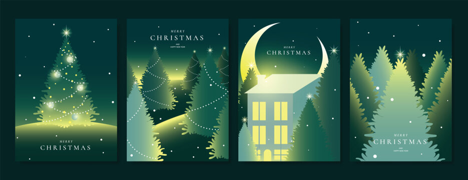 Christmas and Happy New Year season with winter house, pine tree and snowfall Card set. Template design for invitation, cards, social post, cover, sale banner, ads.