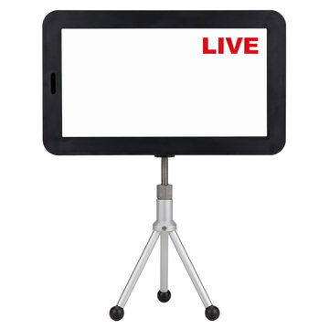 Tablet computer with a live broadcast indicator on a small silver metal tripod stand for streaming isolated on a transparent background