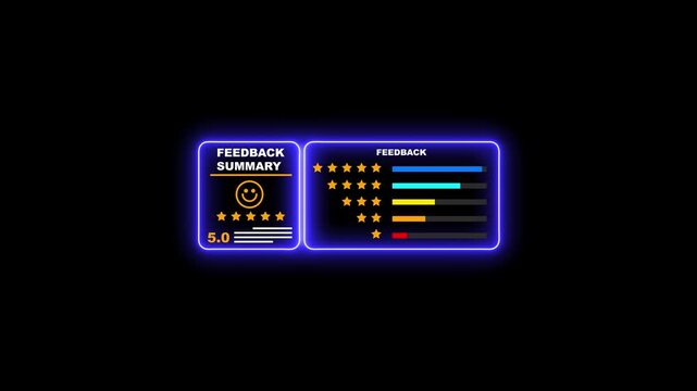 Neon feedback summary dashboard ui animation with star ratings and progress bars user interface
