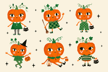 Naklejka premium Cute Pumpkin Halloween Characters Collection