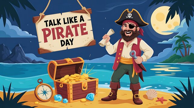 Happy pirate standing on a beach for talk like a pirate day