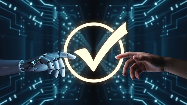Human and robotic hands reaching toward a glowing check mark symbol in a futuristic digital environment