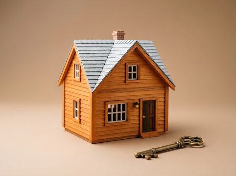 Wooden model house with a grey shingle roof next to an antique metal key real estate property
