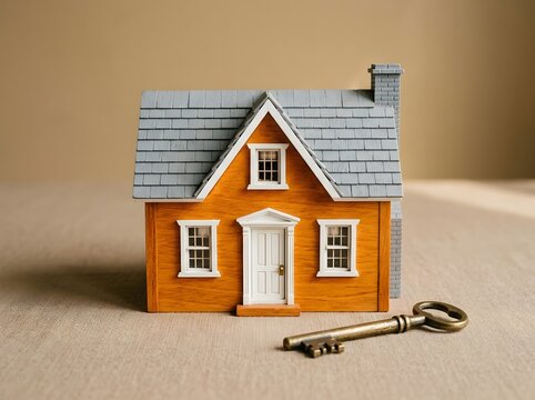 Miniature orange wooden house model with white door and accompanied by a vintage key