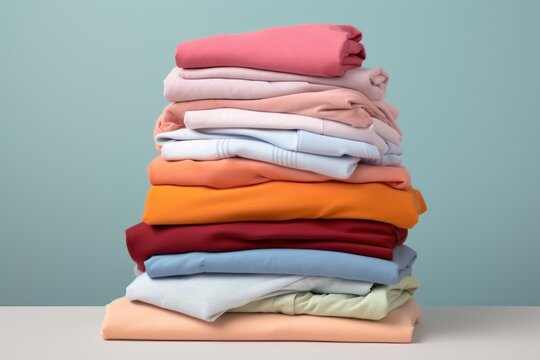 Neat stack of folded colorful clothes sits on a table against a light blue background, showcasing organization and tidiness