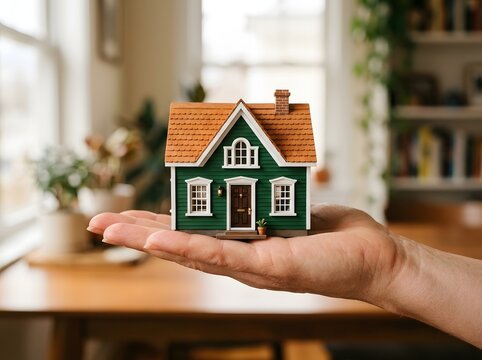 Green miniature model house held on an open palm indoors near a sunny window with real estate