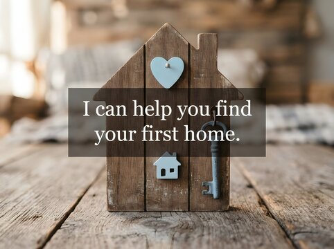 Small decorative wooden house model with a heart shape and key on a rustic wooden table