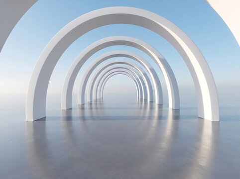 Futuristic white arched hallway tunnel perspective leading to bright horizon with corridor architecture futuristic