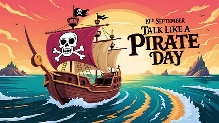 Obraz premium Pirate ship sailing on ocean for talk like a pirate day