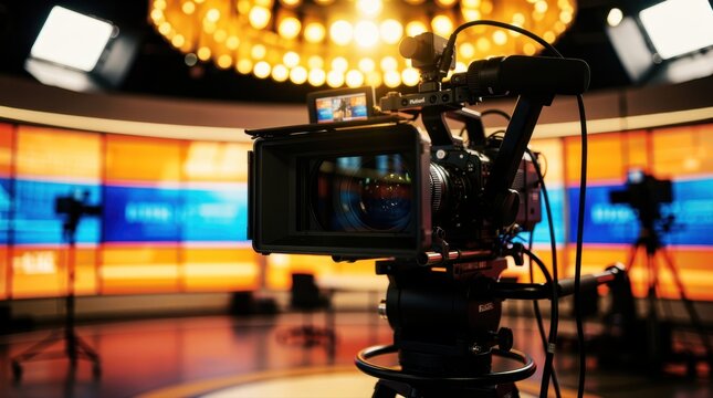 Professional video camera on tripod in a TV news studio. Digital equipment setup with studio lights and screens. Media production concept for broadcasting and journalism marketing.