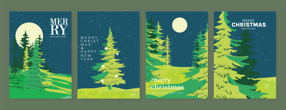 Christmas and Happy New Year season with winter house, pine tree and snowfall Card set. Template design for invitation, cards, social post, cover, sale banner, ads.