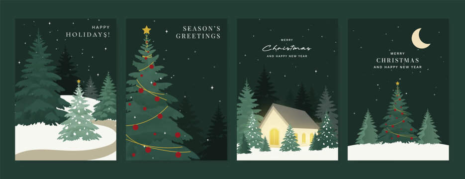 Christmas and Happy New Year season with winter house, pine tree and snowfall Card set. Template design for invitation, cards, social post, cover, sale banner, ads.