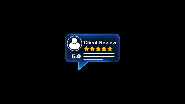 5-star client review rating animation with glowing speech bubble for customer feedback and business testimonials