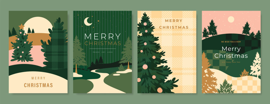 Christmas and Happy New Year season with winter house, pine tree and snowfall Card set. Template design for invitation, cards, social post, cover, sale banner, ads.