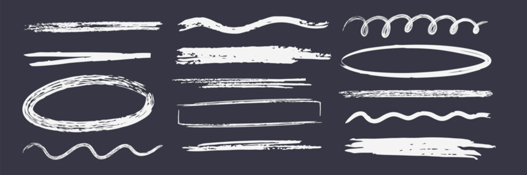 Hand drawn crayon underline set with doodle brush strokes and pencil sketch elements. Chalk textures with scribble highlights, pastel oval frames and freehand curve shapes on chalkboard background.