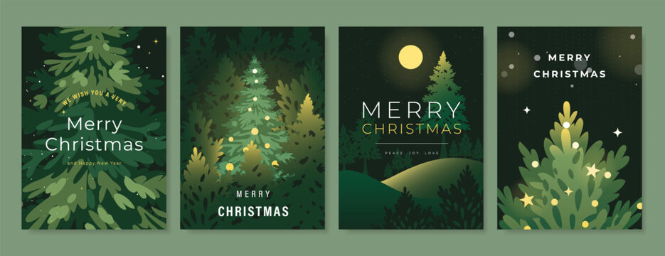 Christmas and Happy New Year season with winter house, pine tree and snowfall Card set. Template design for invitation, cards, social post, cover, sale banner, ads.