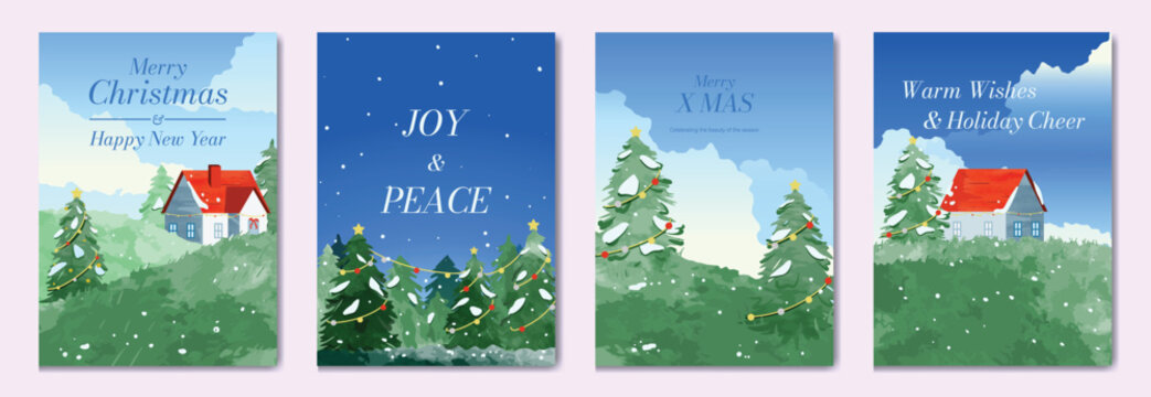 Christmas and Happy New Year season with winter house, pine tree and snowfall Card set. Template design for invitation, cards, social post, cover, sale banner, ads.