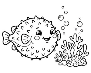 Cute pufferfish cartoon illustration with bubbles and coral reef elements in black and white © Kochi