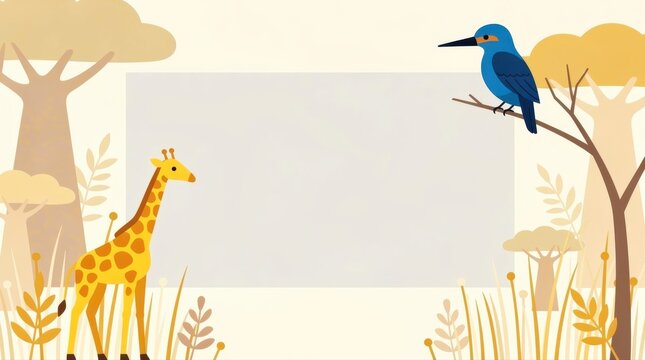 Giraffe and kingfisher in a flat vector savanna landscape. Minimalist safari background with baobab trees. Nature frame concept for educational or nursery template use.