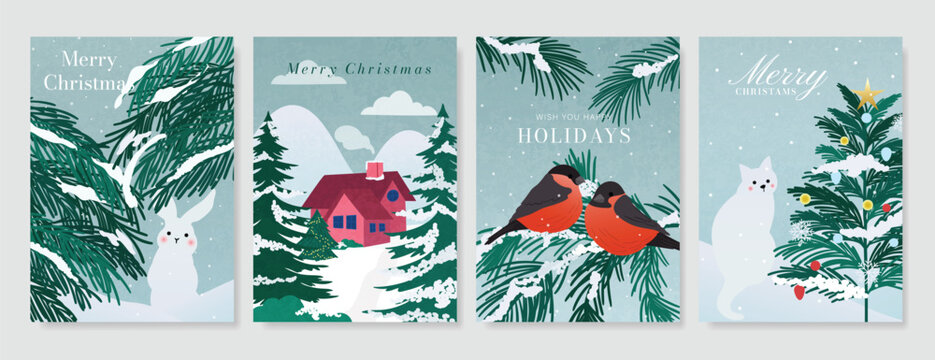 Christmas and Happy New Year season with winter house, pine tree and snowfall Card set. Template design for invitation, cards, social post, cover, sale banner, ads.